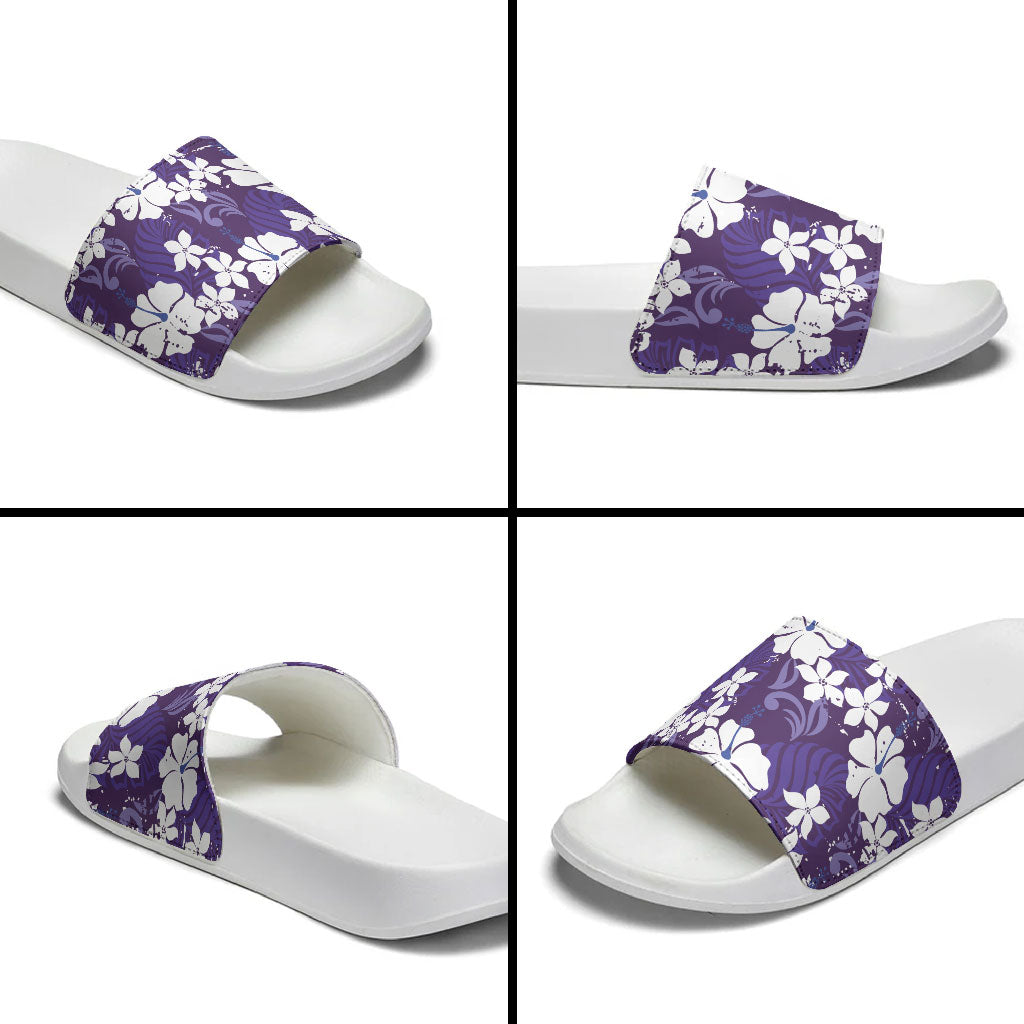 Purple Hawaiian Hibiscus Monstera Slide Sandals Grunge Stylized LT01 - Polynesian Pride