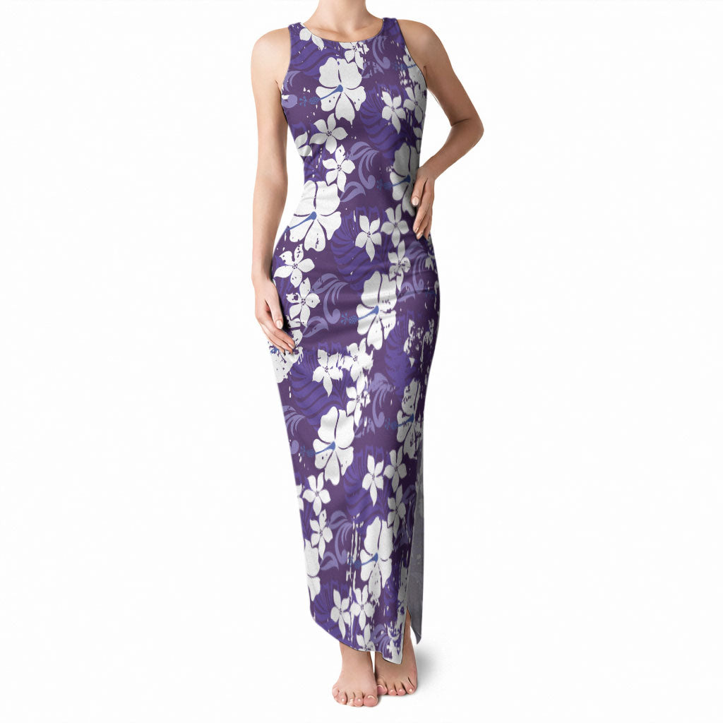 Purple Hawaiian Hibiscus Monstera Tank Maxi Dress Grunge Stylized LT01 Women Purple - Polynesian Pride