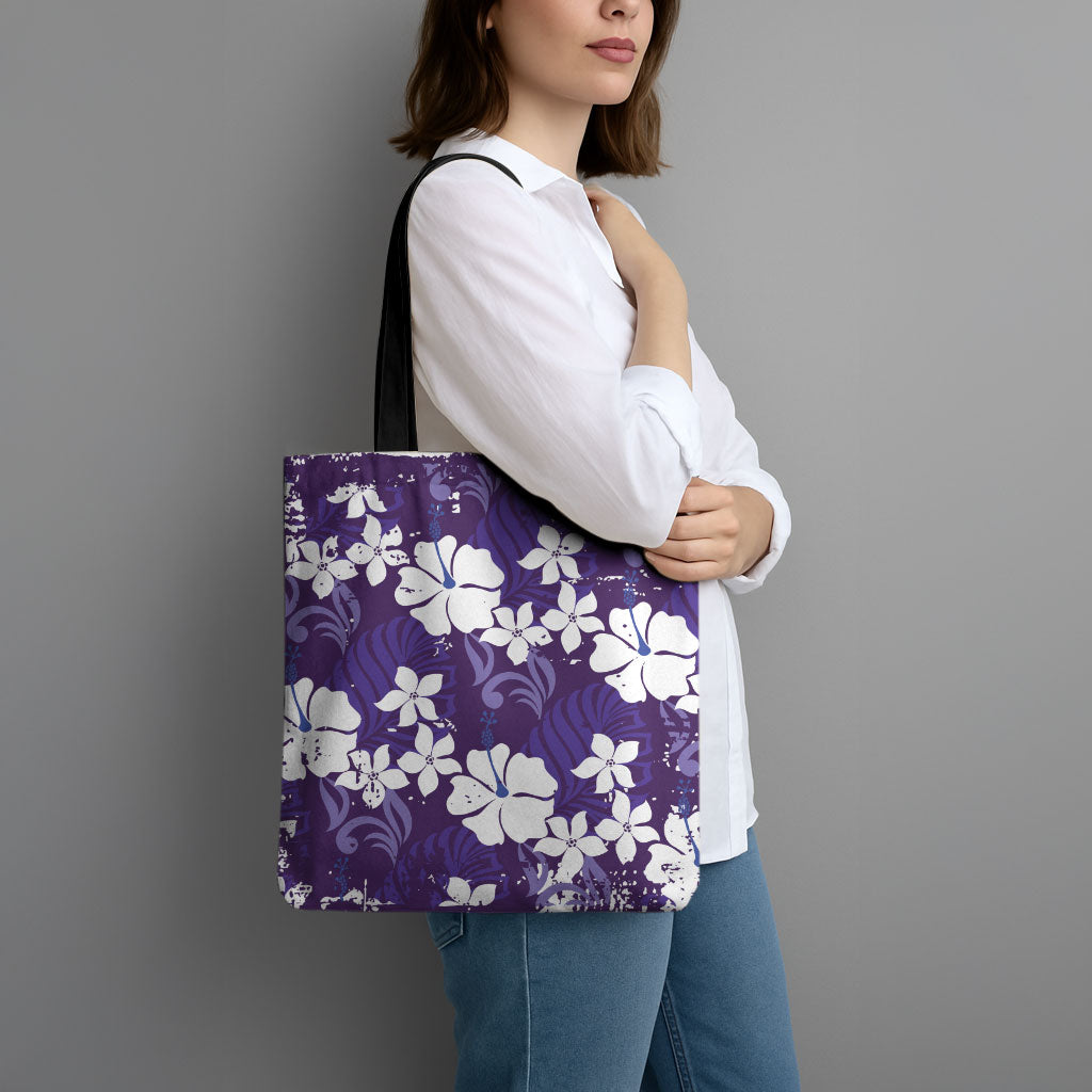 Purple Hawaiian Hibiscus Monstera Tote Bag Grunge Stylized LT01 - Polynesian Pride