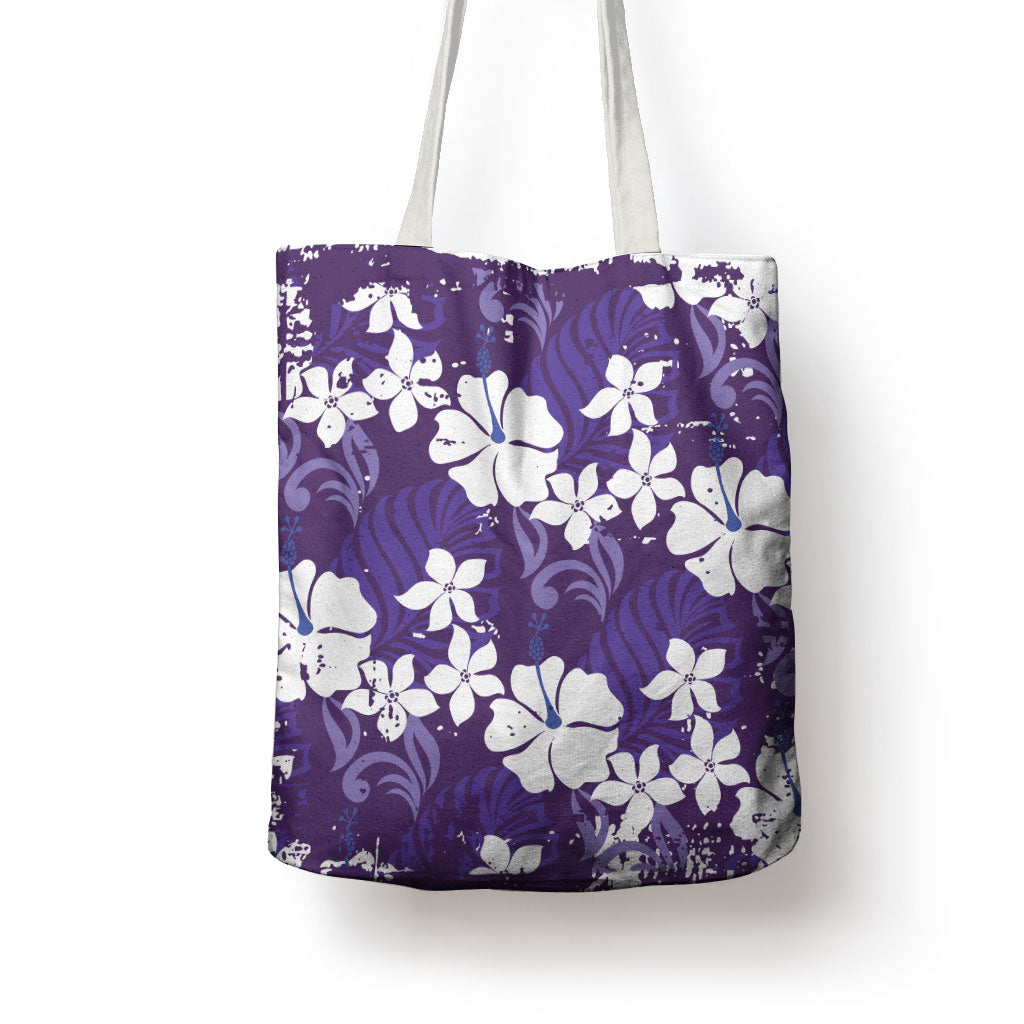 Purple Hawaiian Hibiscus Monstera Tote Bag Grunge Stylized LT01 - Polynesian Pride
