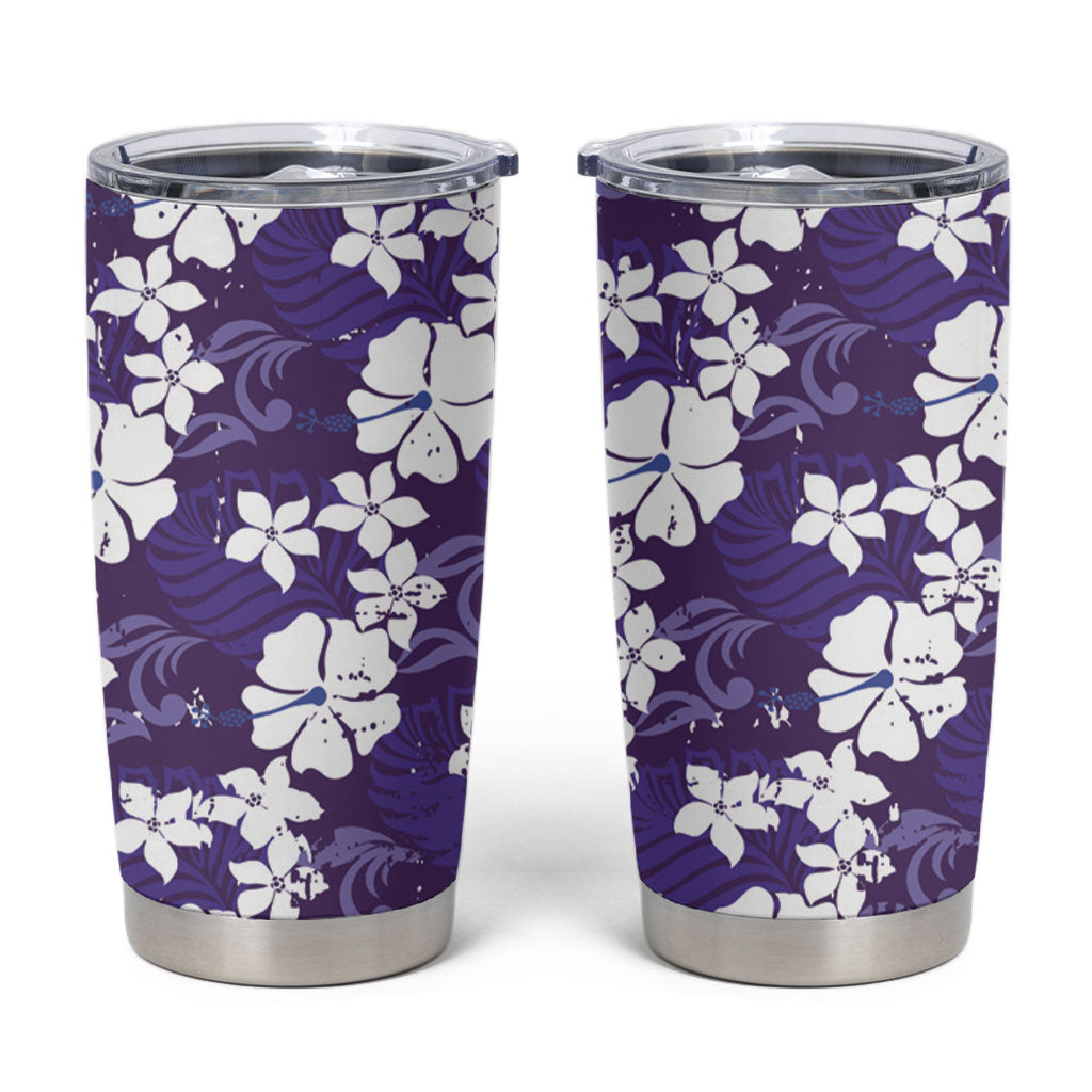 Purple Hawaiian Hibiscus Monstera Tumbler Cup Grunge Stylized