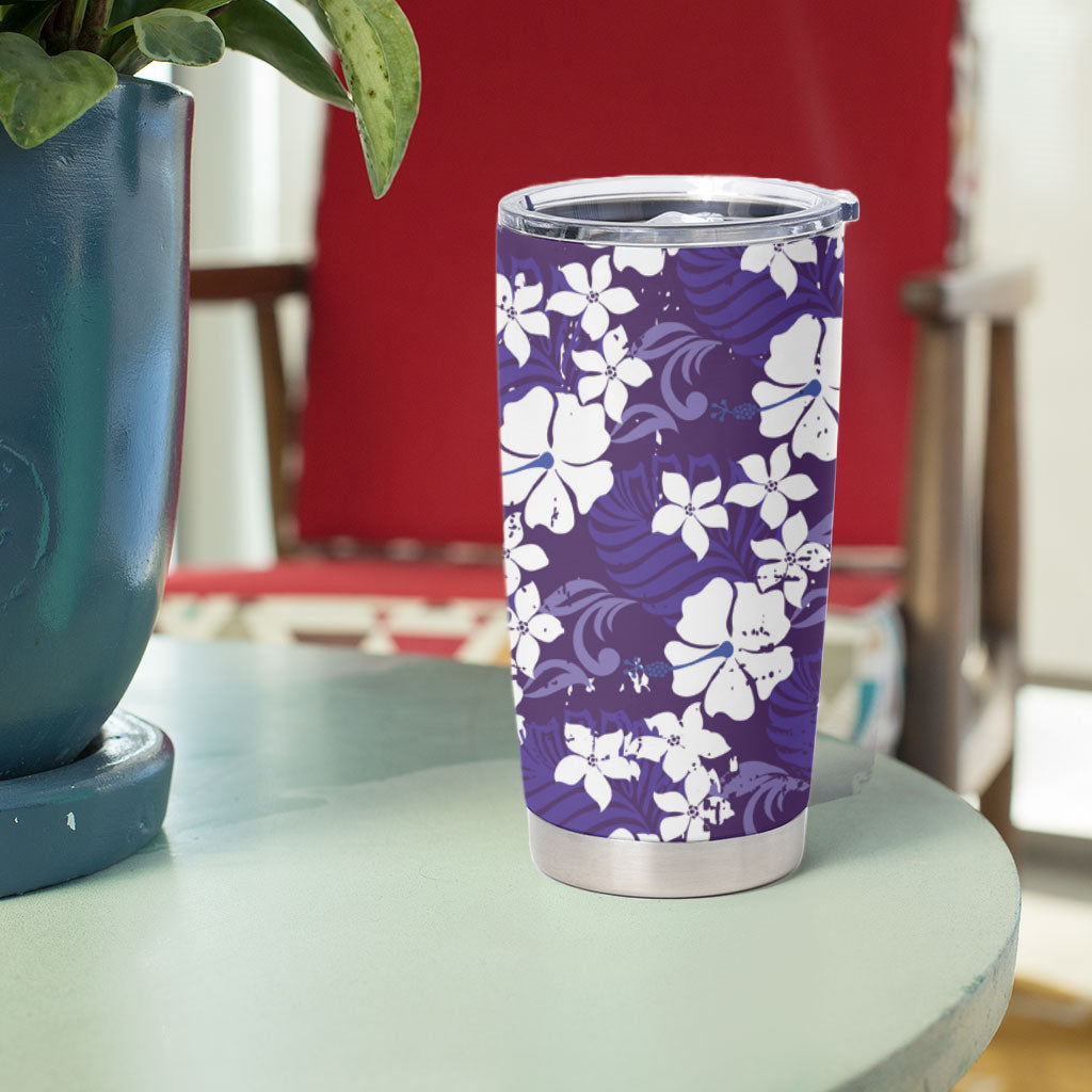 Purple Hawaiian Hibiscus Monstera Tumbler Cup Grunge Stylized LT01 - Polynesian Pride