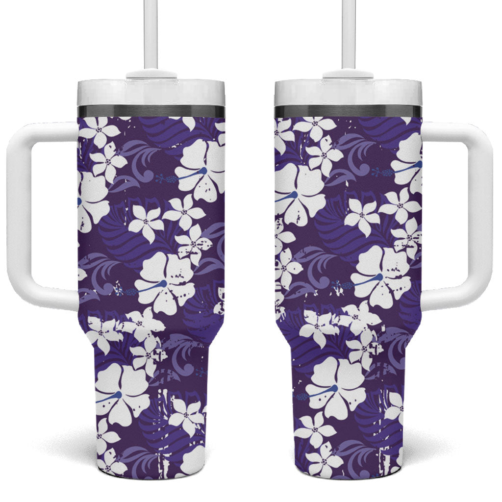Purple Hawaiian Hibiscus Monstera Tumbler With Handle Grunge Stylized