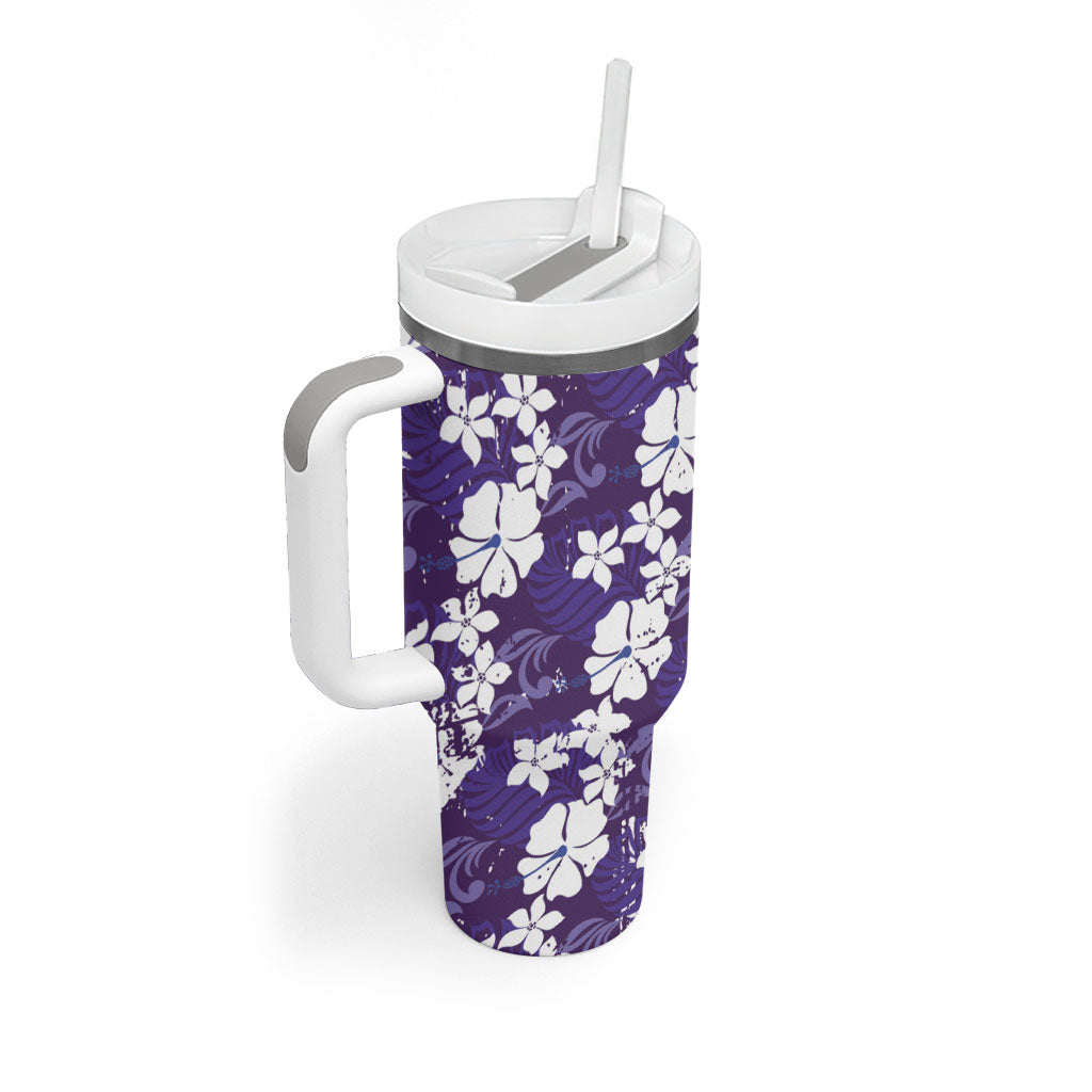Purple Hawaiian Hibiscus Monstera Tumbler With Handle Grunge Stylized