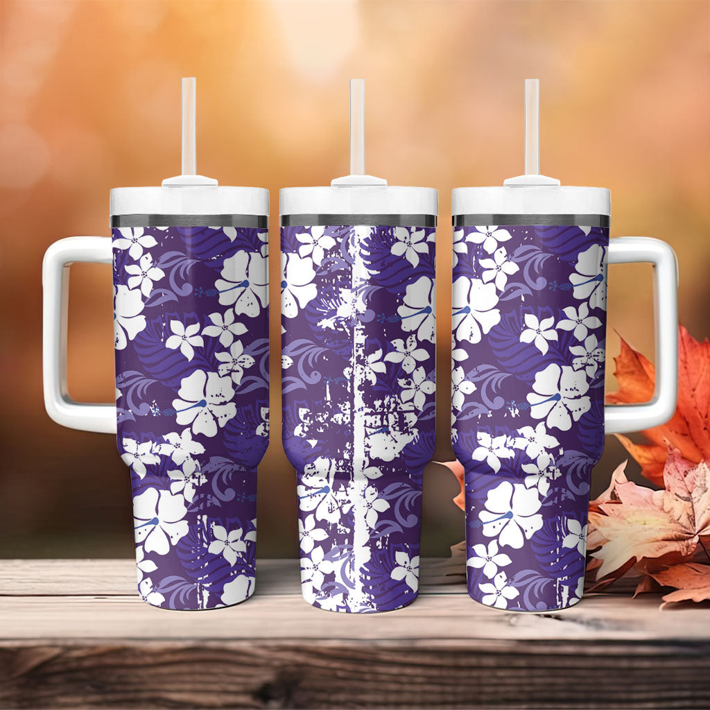 Purple Hawaiian Hibiscus Monstera Tumbler With Handle Grunge Stylized