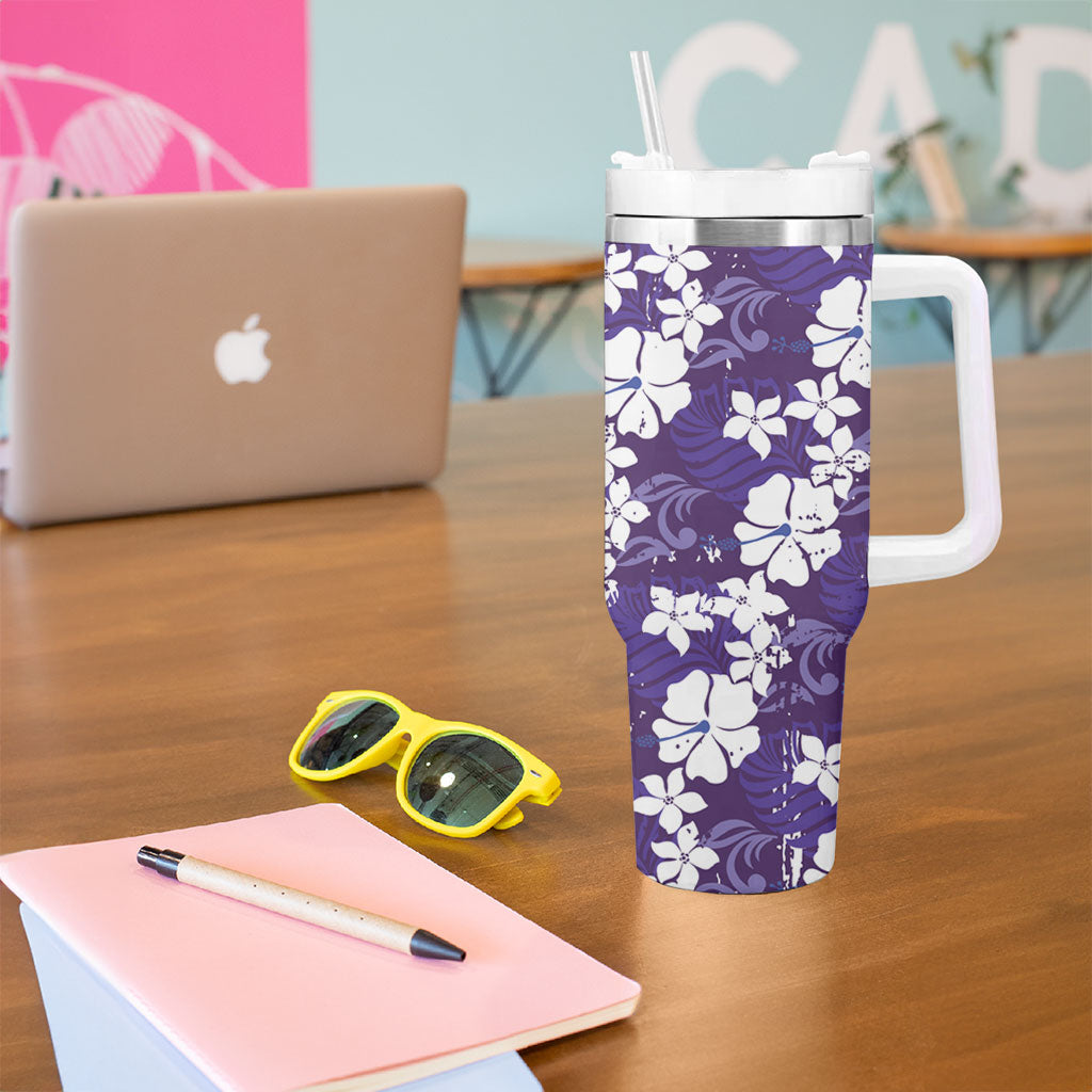 Purple Hawaiian Hibiscus Monstera Tumbler With Handle Grunge Stylized