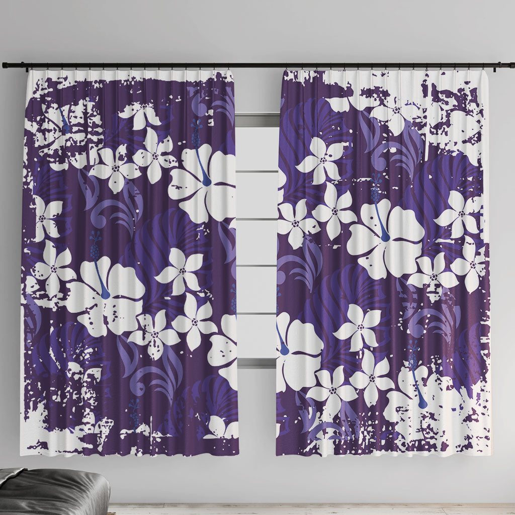 Purple Hawaiian Hibiscus Monstera Window Curtain Grunge Stylized LT01 With Hooks Purple - Polynesian Pride