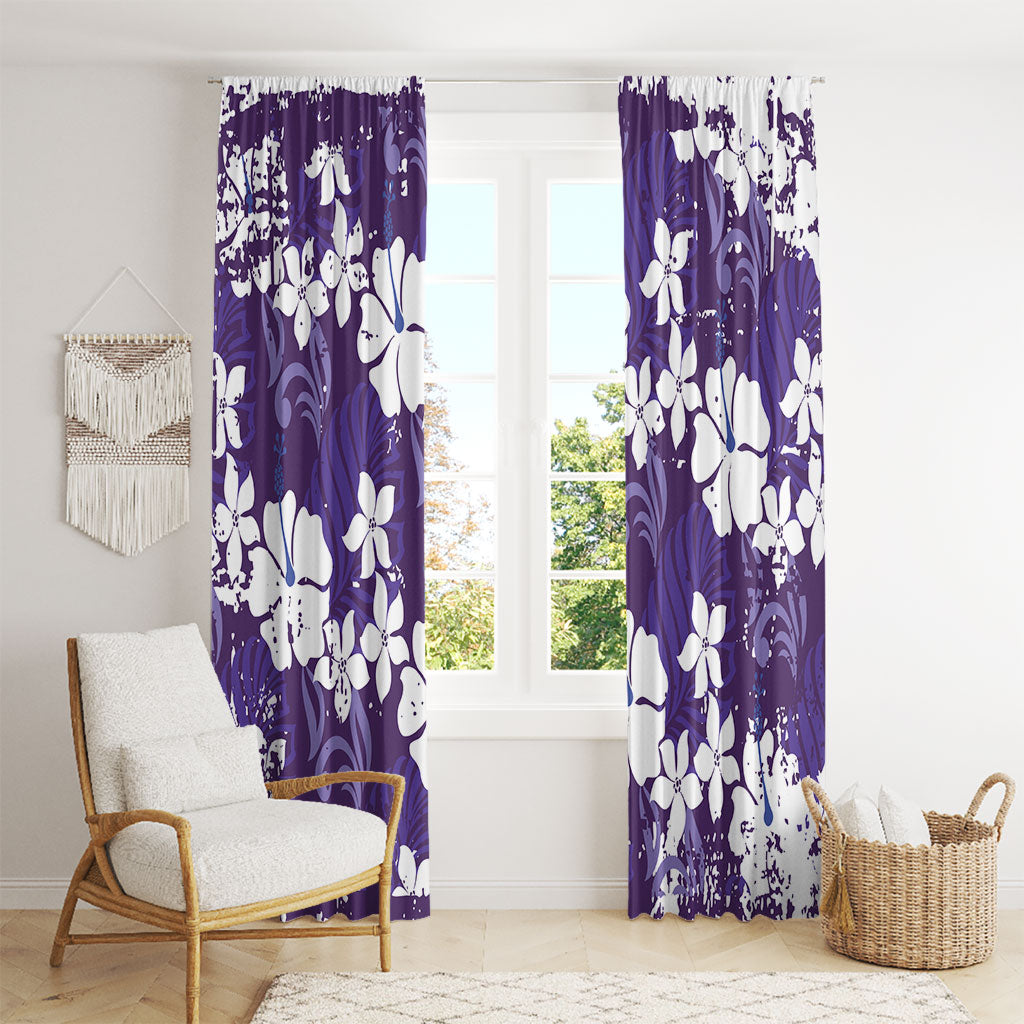 Purple Hawaiian Hibiscus Monstera Window Curtain Grunge Stylized