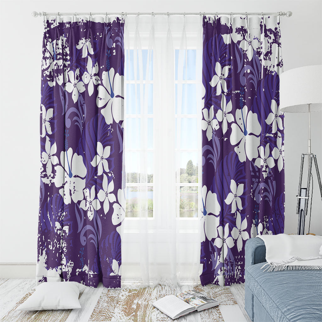 Purple Hawaiian Hibiscus Monstera Window Curtain Grunge Stylized