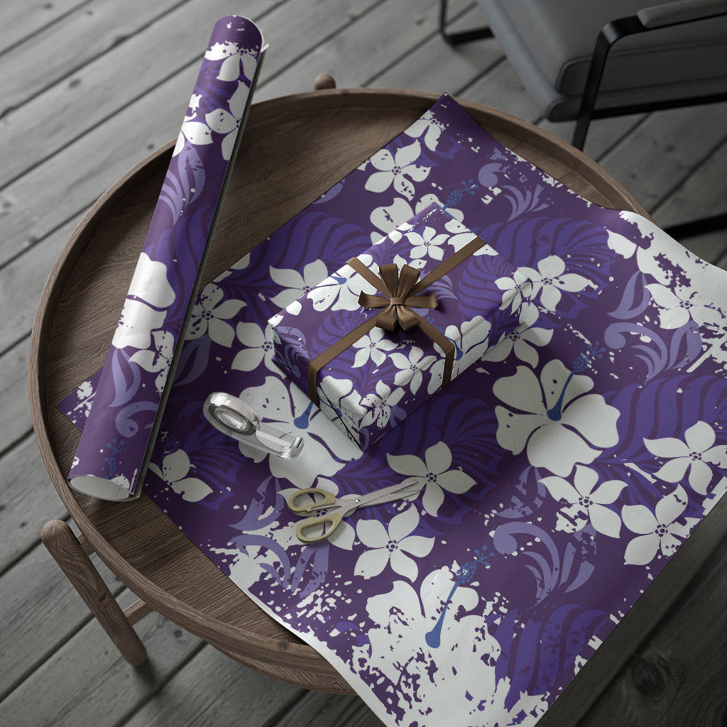 Purple Hawaiian Hibiscus Monstera Wrapping Paper Grunge Stylized