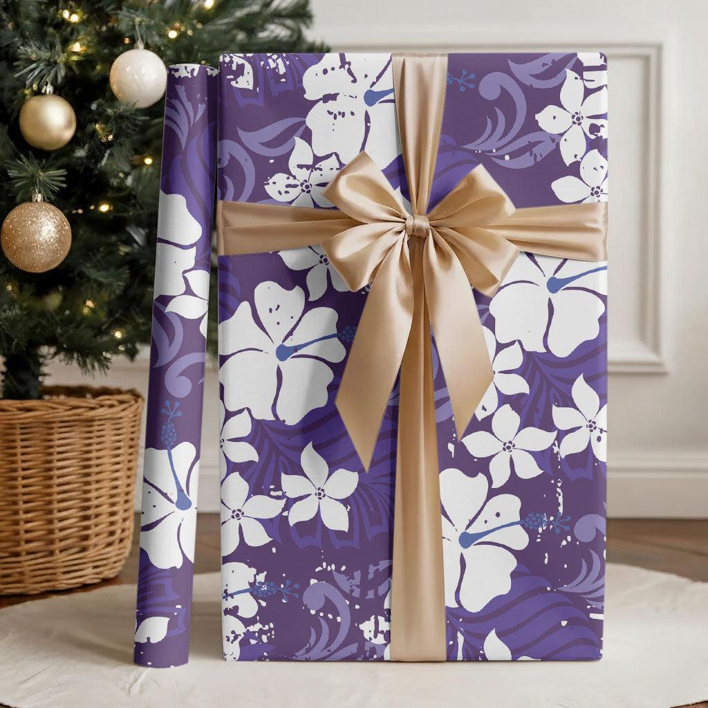 Purple Hawaiian Hibiscus Monstera Wrapping Paper Grunge Stylized