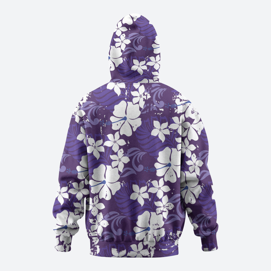 Purple Hawaiian Hibiscus Monstera Zip Hoodie Grunge Stylized