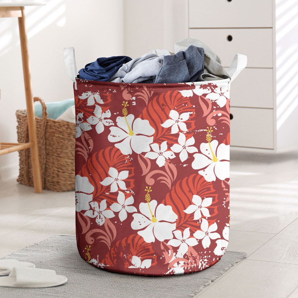 Red Hawaiian Hibiscus Monstera Laundry Basket Grunge Stylized LT01 Red - Polynesian Pride