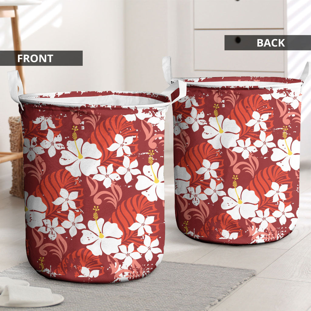 Red Hawaiian Hibiscus Monstera Laundry Basket Grunge Stylized LT01 - Polynesian Pride