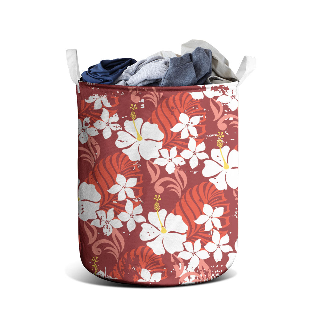 Red Hawaiian Hibiscus Monstera Laundry Basket Grunge Stylized LT01 - Polynesian Pride