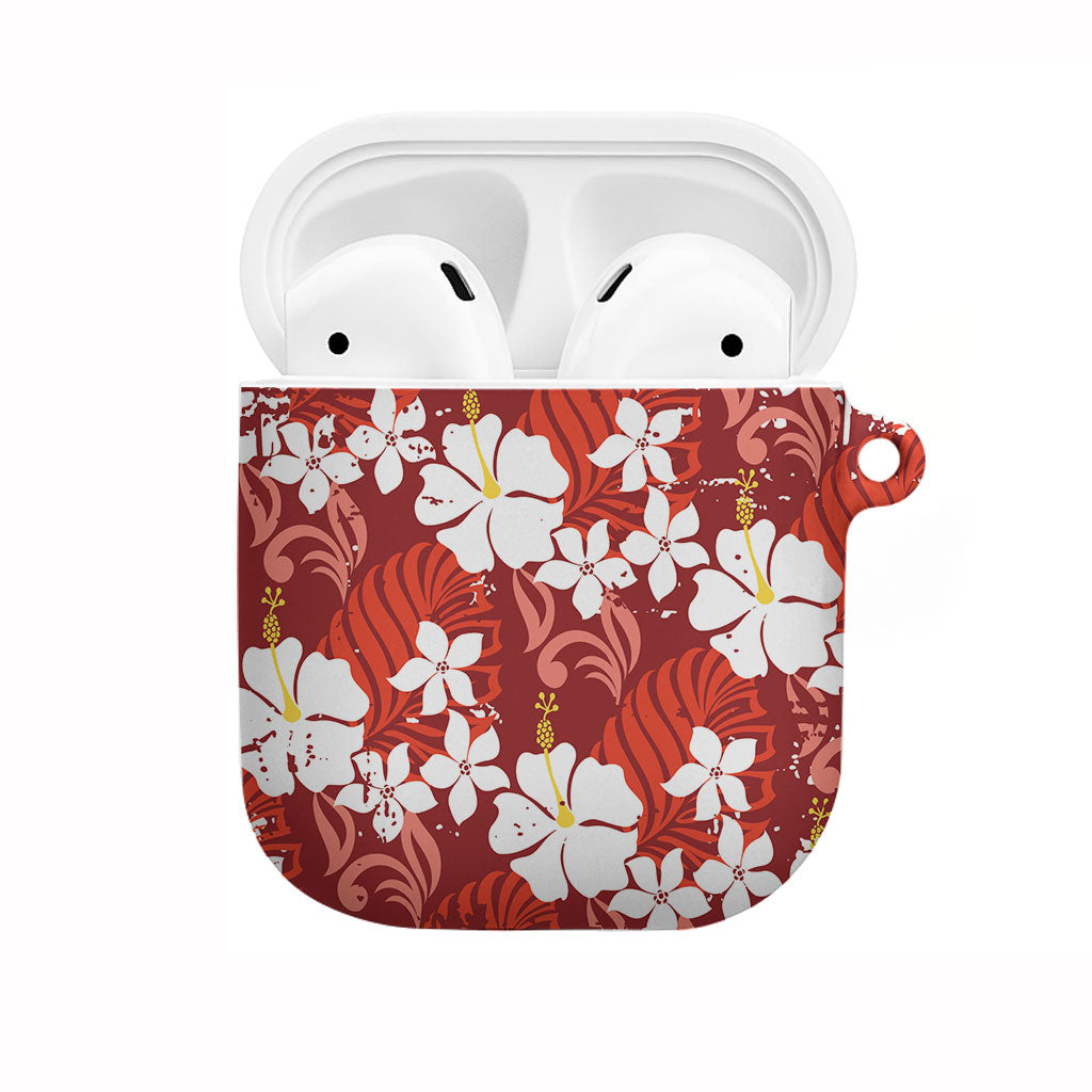 Red Hawaiian Hibiscus Monstera AirPods Case Grunge Stylized LT01 Red - Polynesian Pride