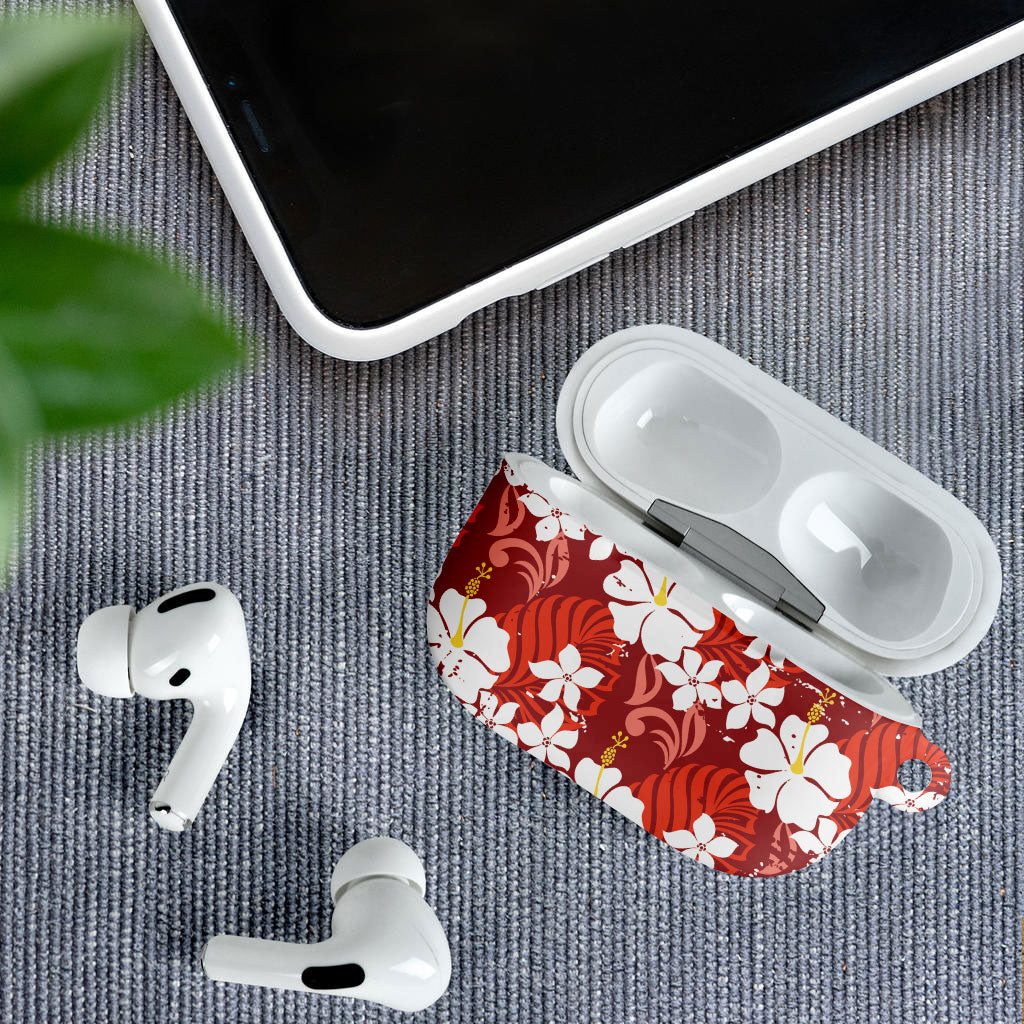 Red Hawaiian Hibiscus Monstera AirPods Case Grunge Stylized LT01 - Polynesian Pride