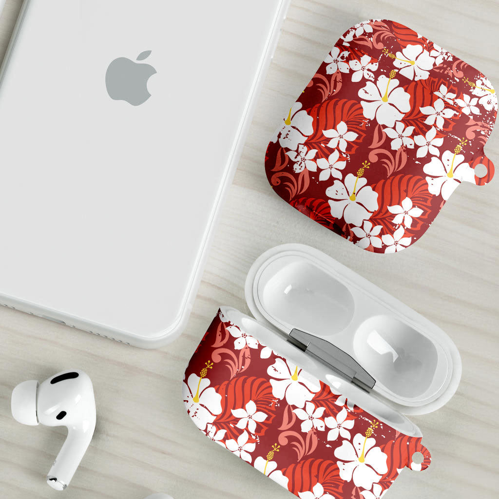 Red Hawaiian Hibiscus Monstera AirPods Case Grunge Stylized LT01 - Polynesian Pride