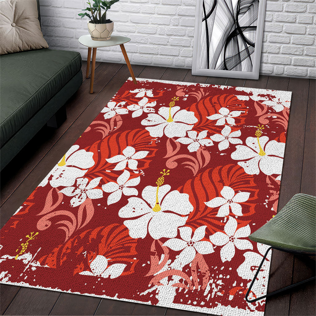 Red Hawaiian Hibiscus Monstera Area Rug Grunge Stylized