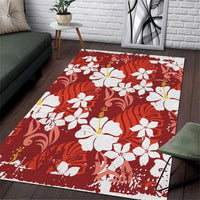 Red Hawaiian Hibiscus Monstera Area Rug Grunge Stylized