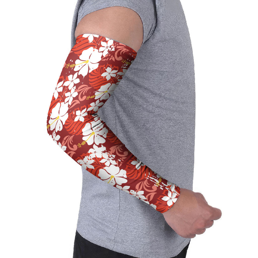 Red Hawaiian Hibiscus Monstera Arm Sleeves Grunge Stylized