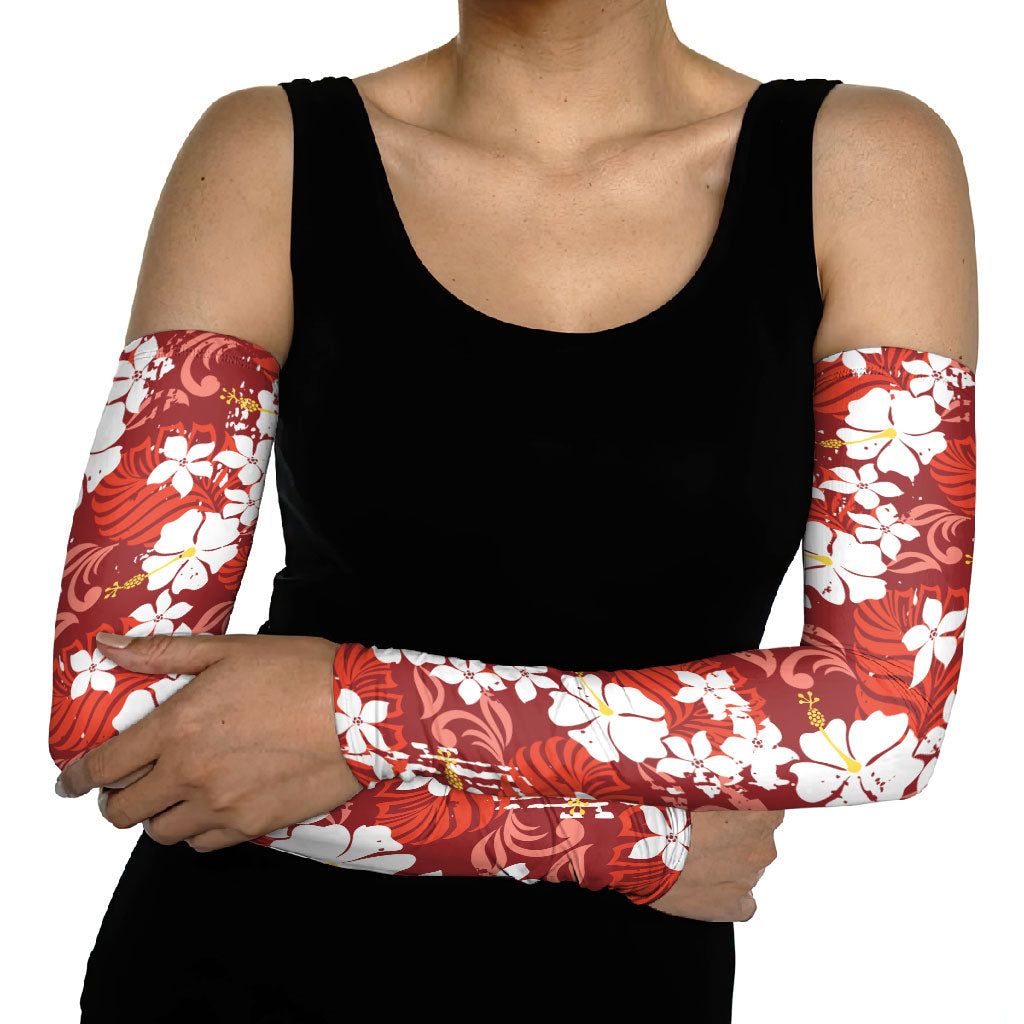 Red Hawaiian Hibiscus Monstera Arm Sleeves Grunge Stylized