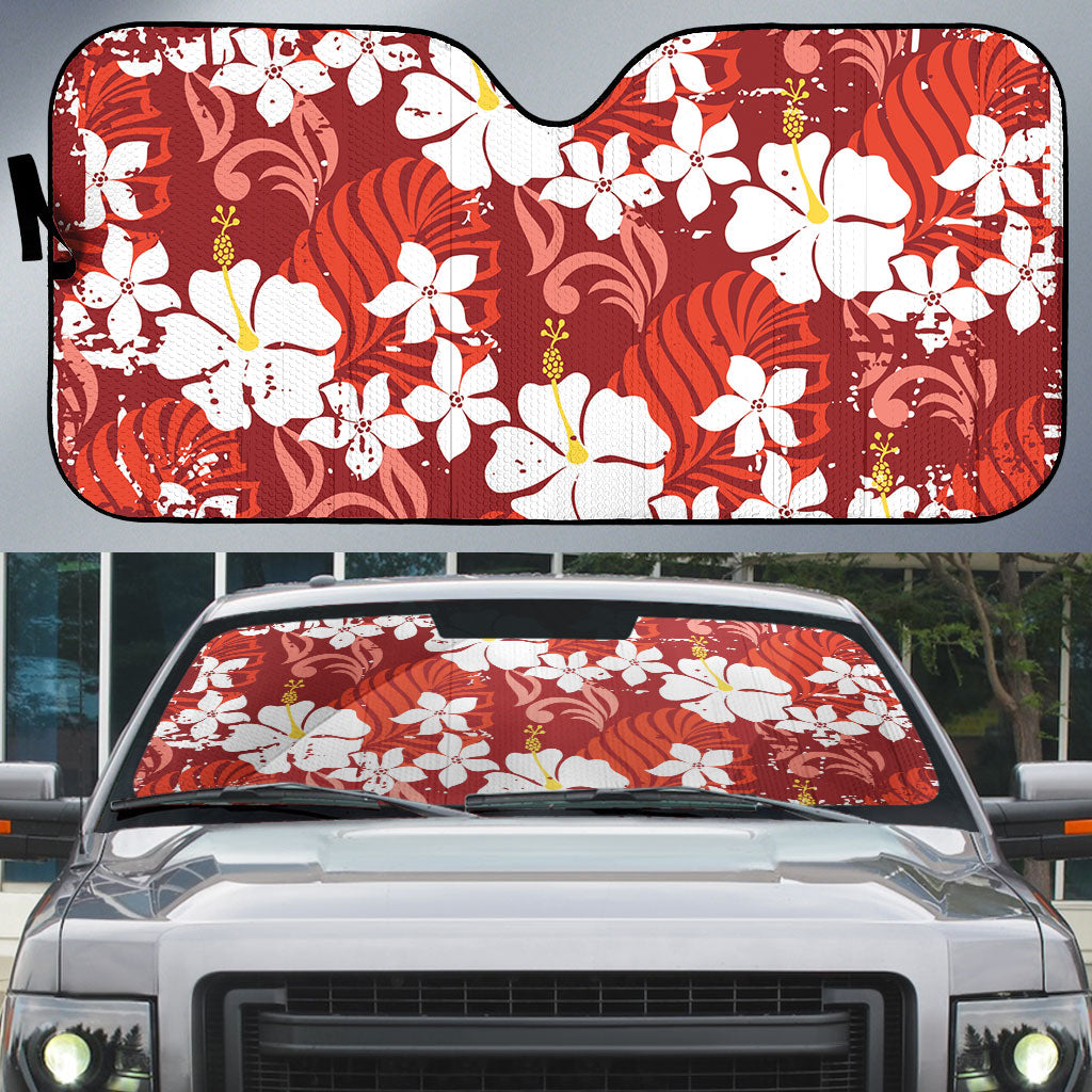 Red Hawaiian Hibiscus Monstera Auto Sun Shade Grunge Stylized