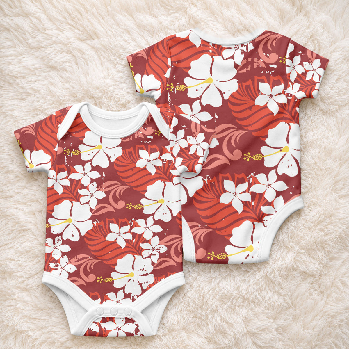 Red Hawaiian Hibiscus Monstera Baby Onesie Grunge Stylized LT01 - Polynesian Pride