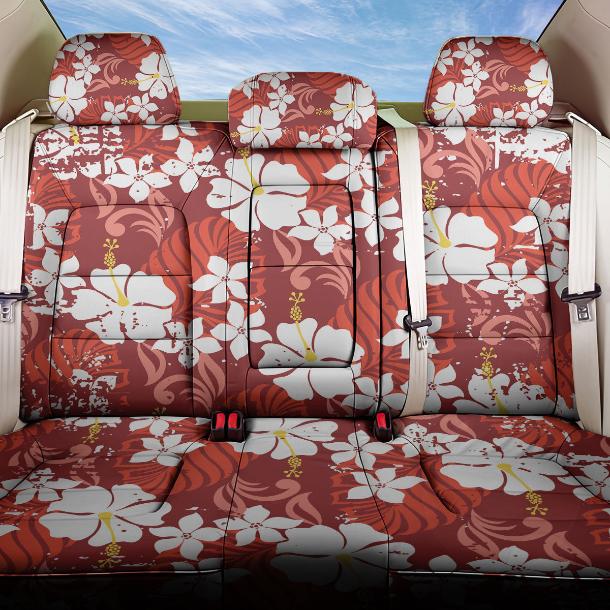 Red Hawaiian Hibiscus Monstera Back Car Seat Cover Grunge Stylized LT01 One Size Red - Polynesian Pride