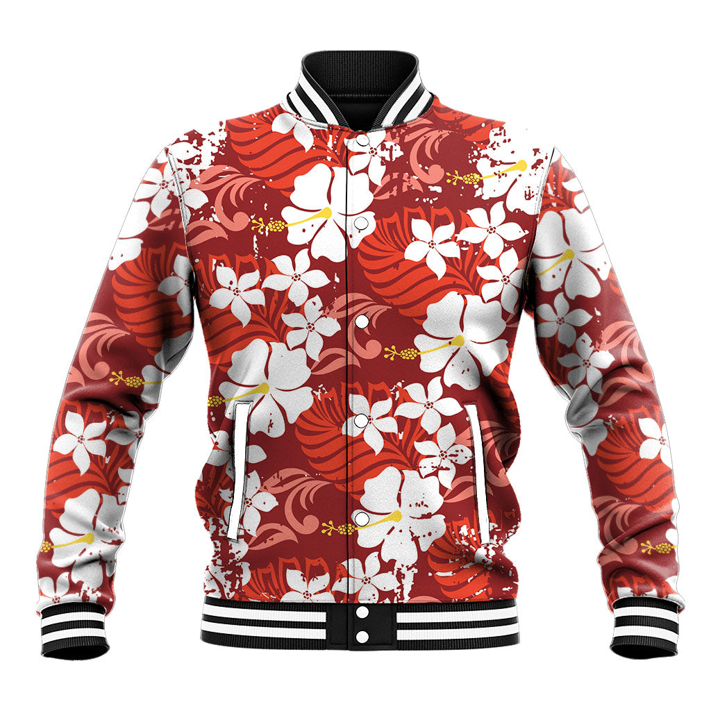 Red Hawaiian Hibiscus Monstera Baseball Jacket Grunge Stylized