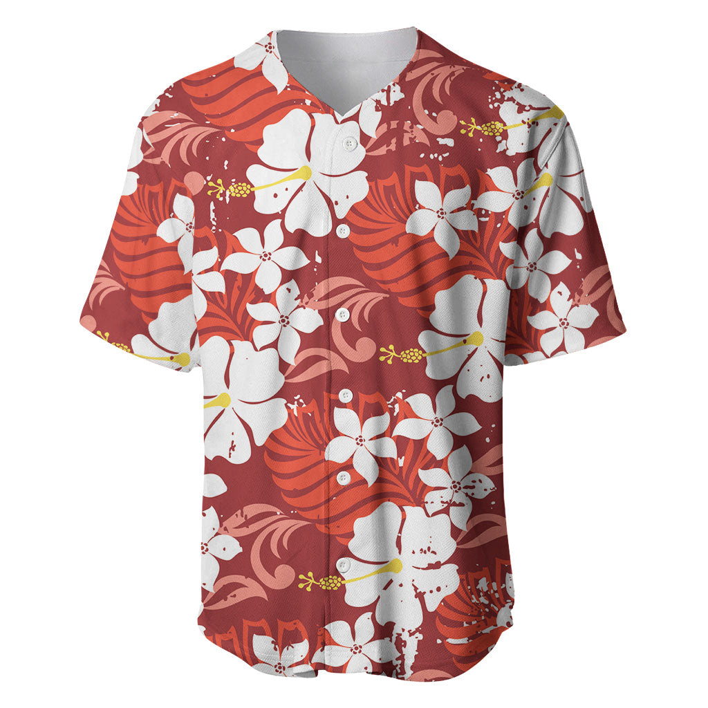 Red Hawaiian Hibiscus Monstera Baseball Jersey Grunge Stylized