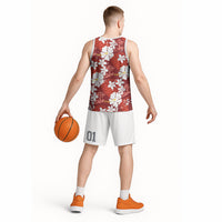 Red Hawaiian Hibiscus Monstera Basketball Jersey Grunge Stylized