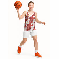 Red Hawaiian Hibiscus Monstera Basketball Jersey Grunge Stylized