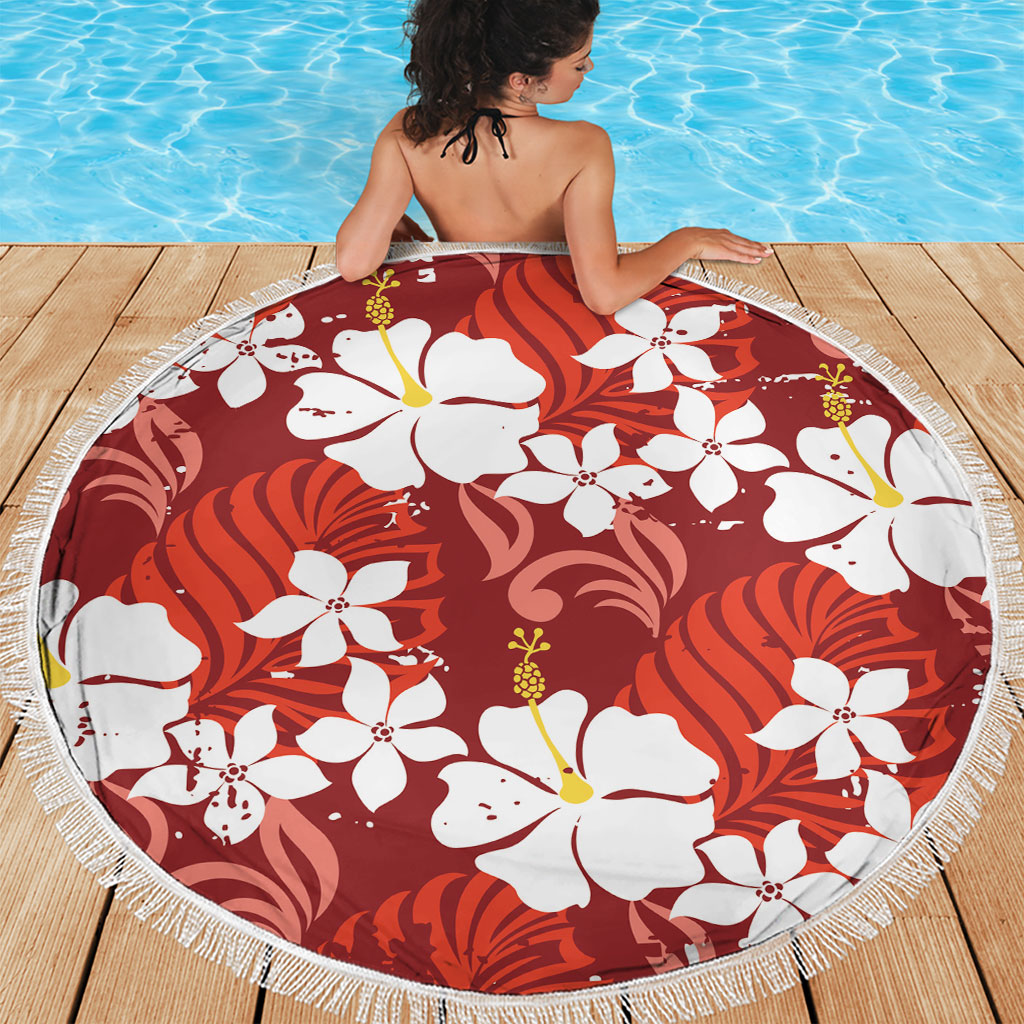 Red Hawaiian Hibiscus Monstera Beach Blanket Grunge Stylized LT01 - Polynesian Pride