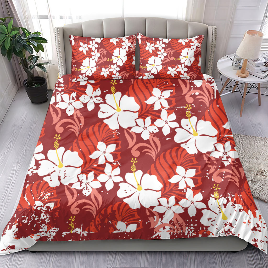 Red Hawaiian Hibiscus Monstera Bedding Set Grunge Stylized
