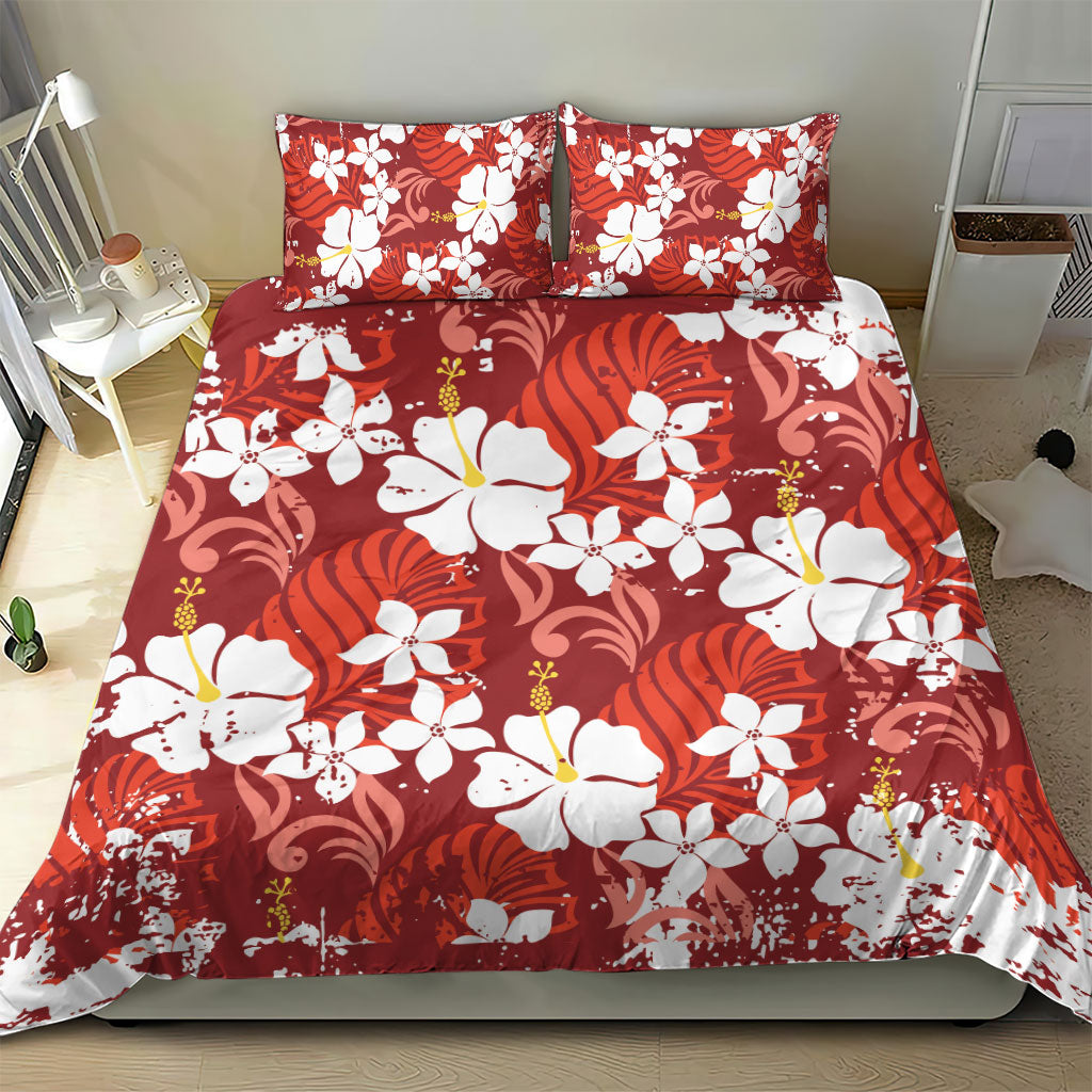 Red Hawaiian Hibiscus Monstera Bedding Set Grunge Stylized