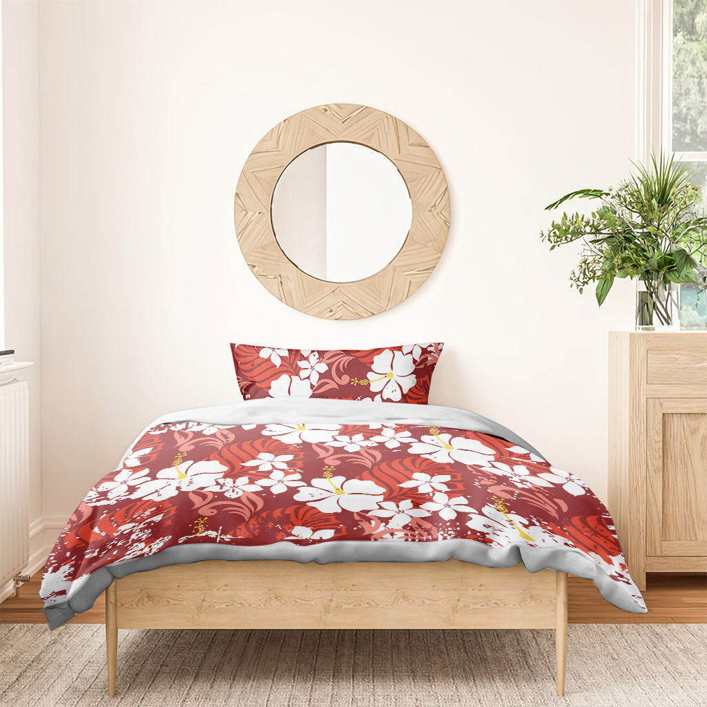 Red Hawaiian Hibiscus Monstera Bedding Set Grunge Stylized