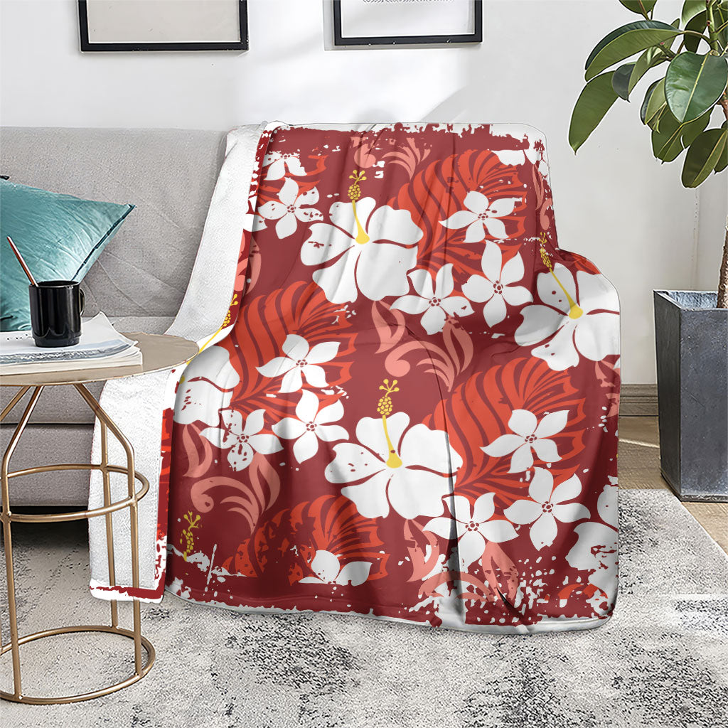 Red Hawaiian Hibiscus Monstera Blanket Grunge Stylized