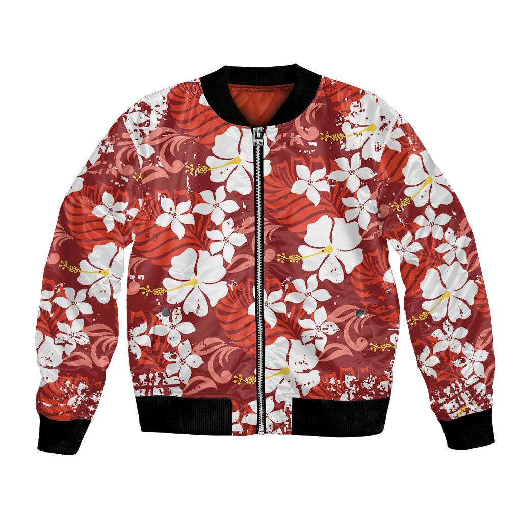 Red Hawaiian Hibiscus Monstera Bomber Jacket Grunge Stylized LT01 Unisex Red - Polynesian Pride