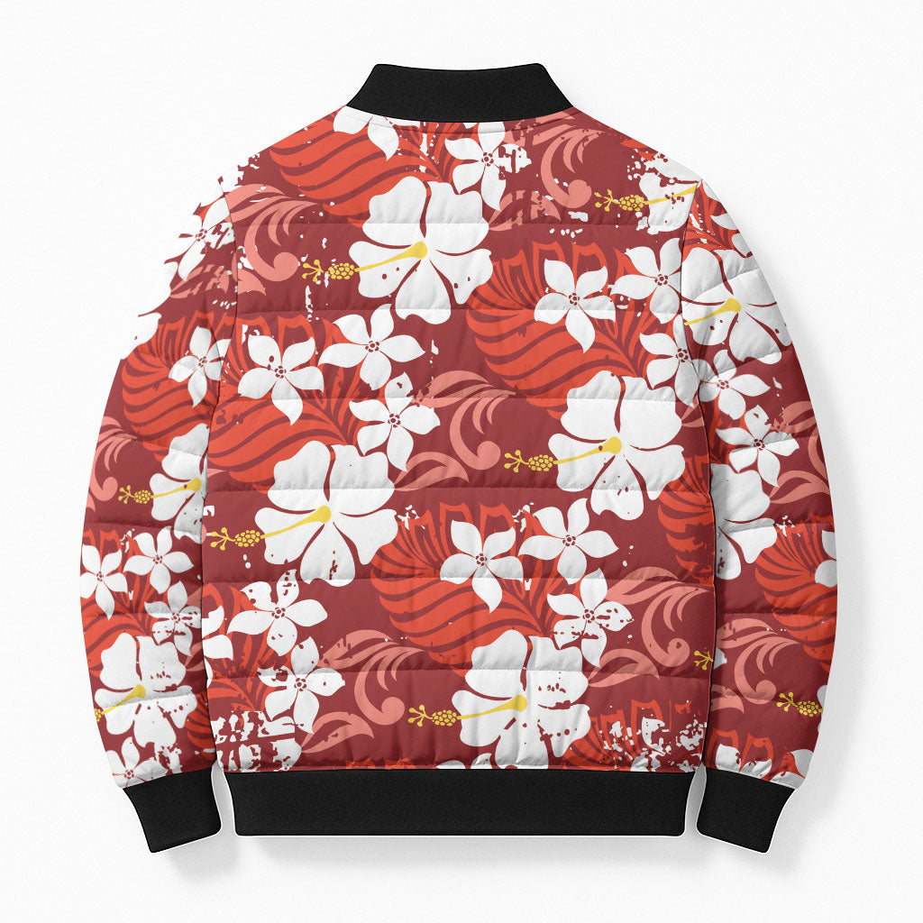 Red Hawaiian Hibiscus Monstera Bomber Puffer Jacket Grunge Stylized