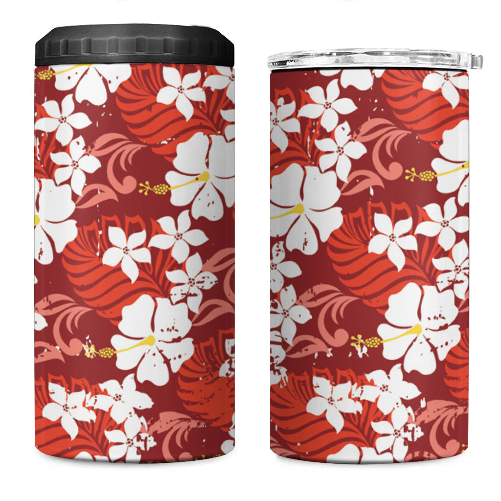 Red Hawaiian Hibiscus Monstera 4 in 1 Can Cooler Tumbler Grunge Stylized LT01 One Size: 16 oz Red - Polynesian Pride