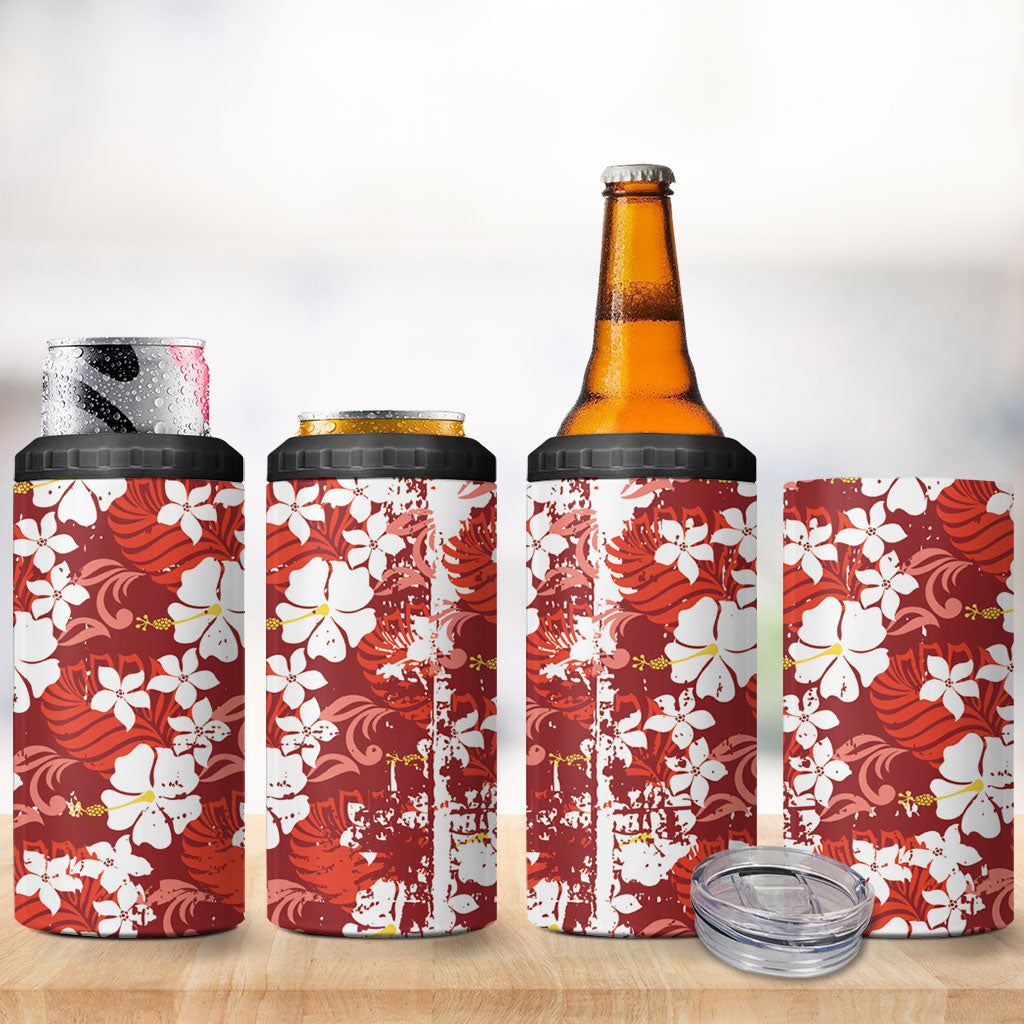 Red Hawaiian Hibiscus Monstera 4 in 1 Can Cooler Tumbler Grunge Stylized LT01 - Polynesian Pride