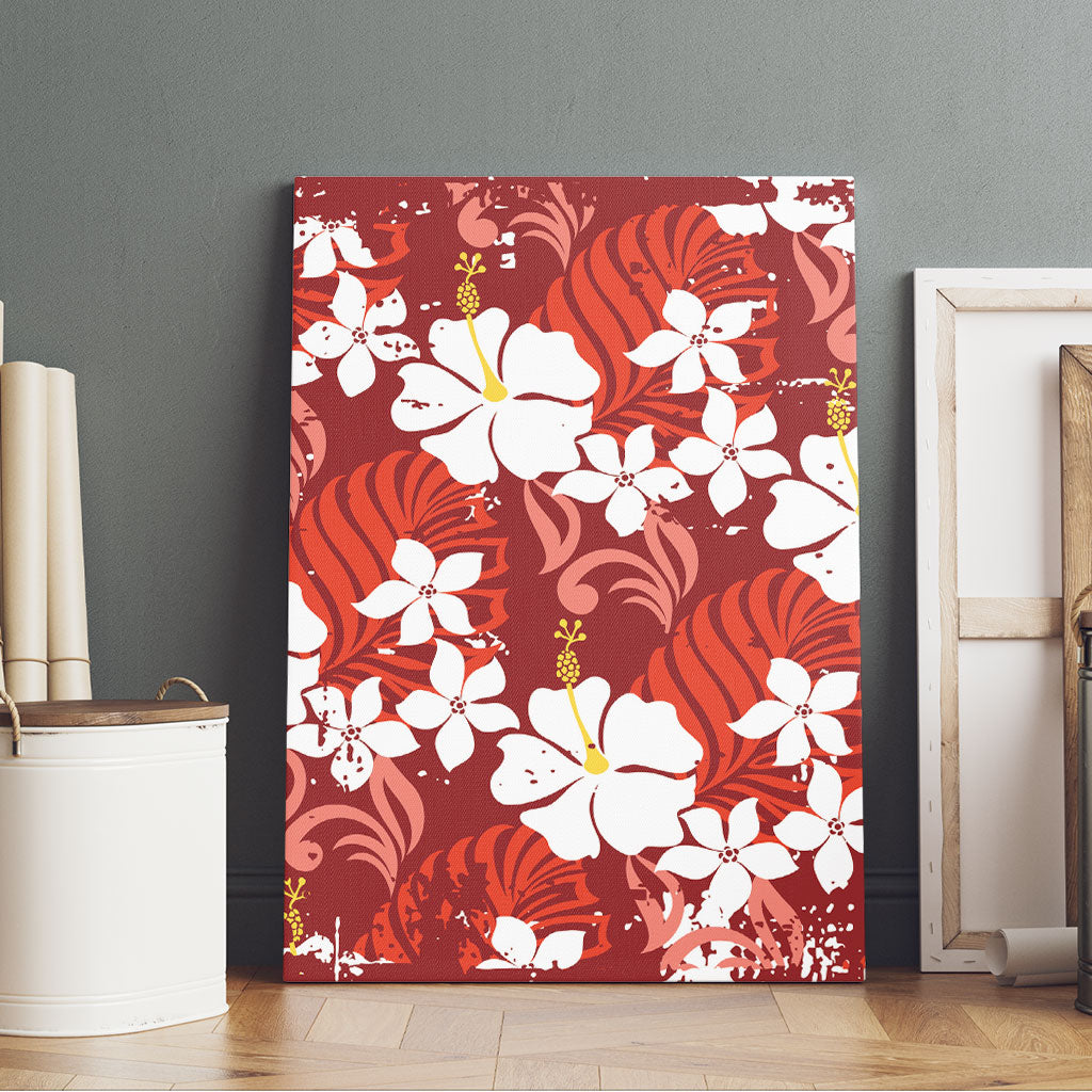 Red Hawaiian Hibiscus Monstera Canvas Wall Art Grunge Stylized