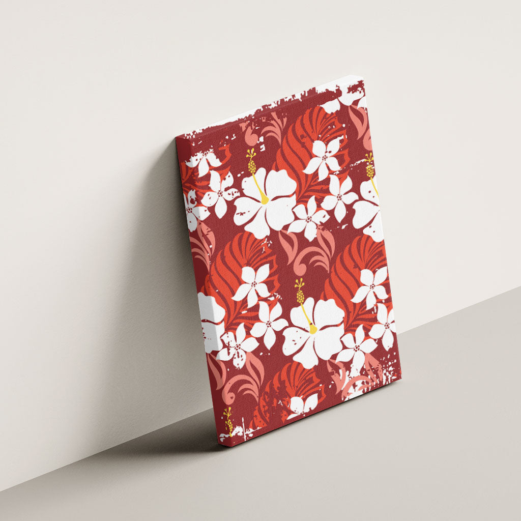 Red Hawaiian Hibiscus Monstera Canvas Wall Art Grunge Stylized