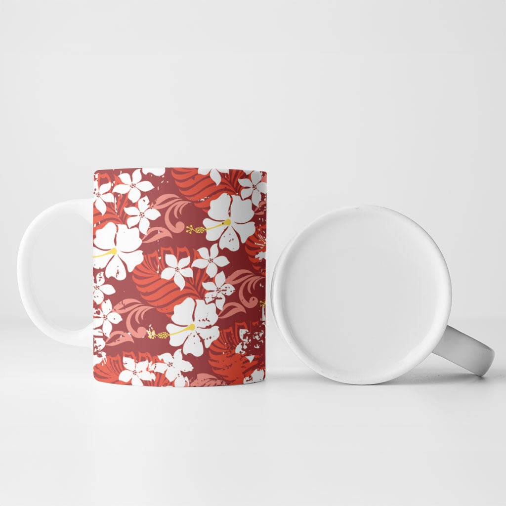 Red Hawaiian Hibiscus Monstera Ceramic Mug Grunge Stylized