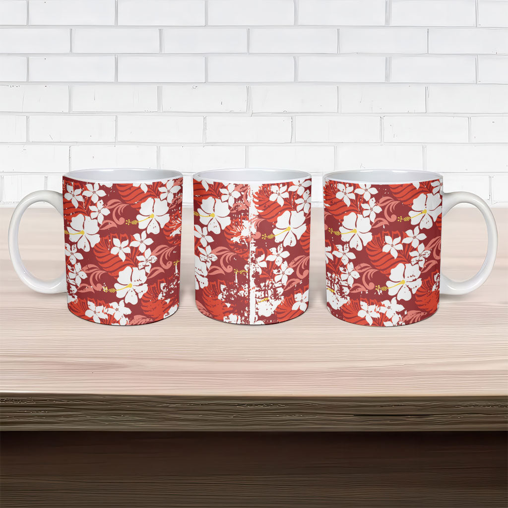 Red Hawaiian Hibiscus Monstera Ceramic Mug Grunge Stylized