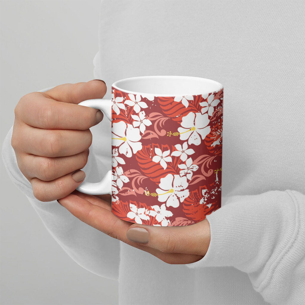 Red Hawaiian Hibiscus Monstera Ceramic Mug Grunge Stylized