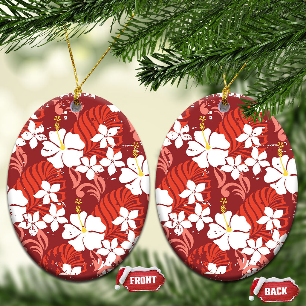 Red Hawaiian Hibiscus Monstera Ceramic Ornament Grunge Stylized