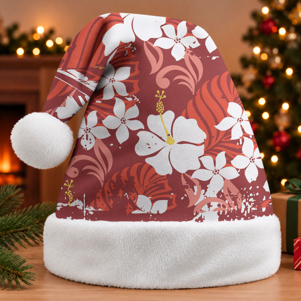 Red Hawaiian Hibiscus Monstera Christmas Santa Hat Grunge Stylized LT01 Without Fur Red - Polynesian Pride
