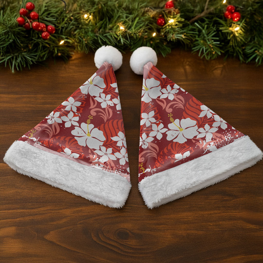 Red Hawaiian Hibiscus Monstera Christmas Santa Hat Grunge Stylized LT01 - Polynesian Pride